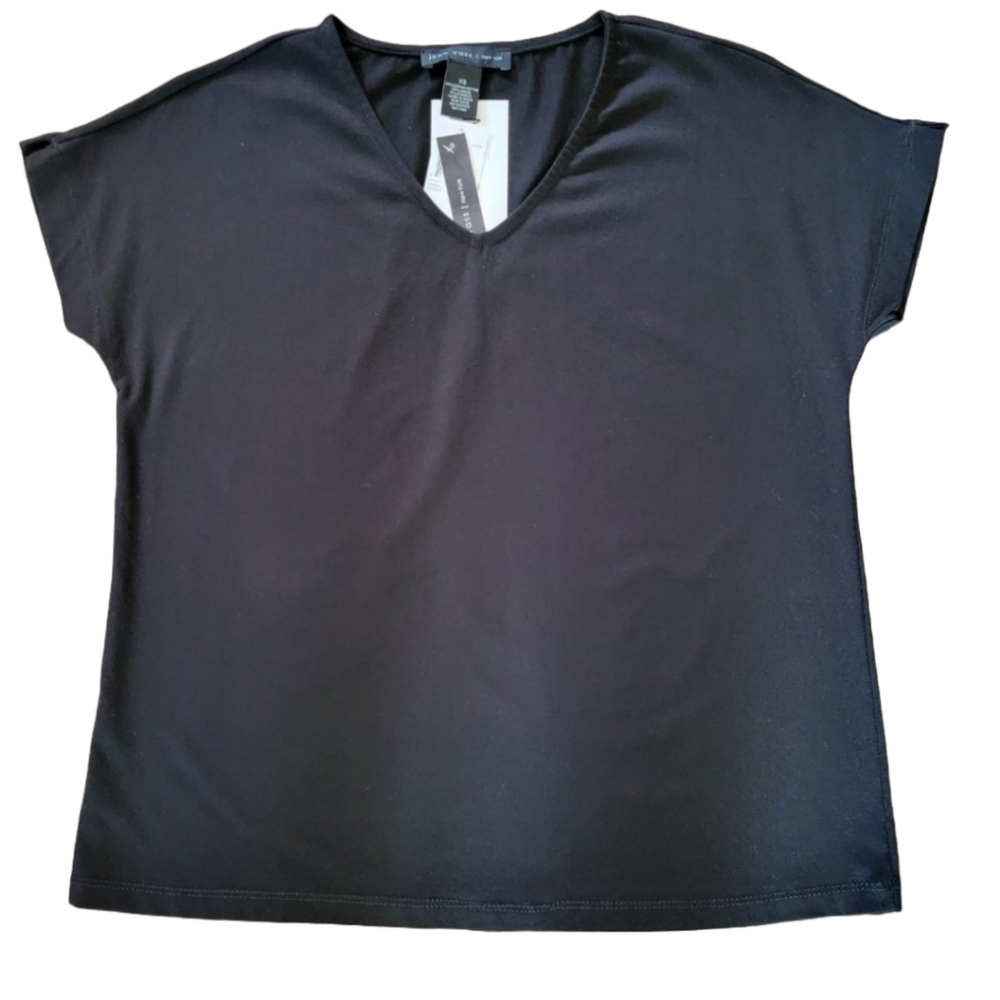 🌟 NWT JOAN VASS New York Black Extended Cap Sleeve Top XS Modal Cotton Spandex
